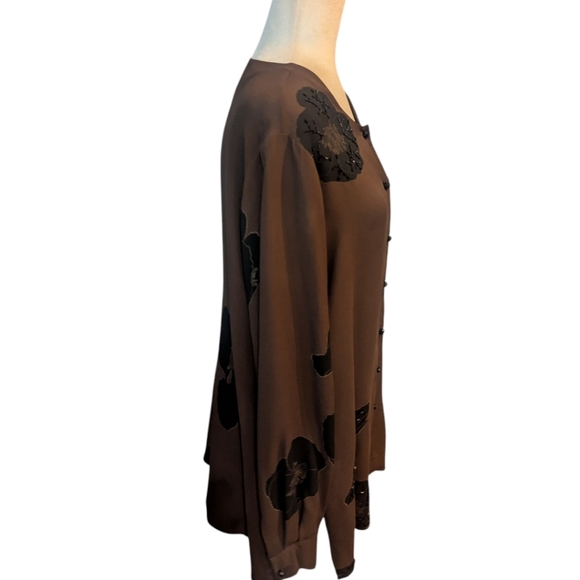 Kenneth Jay Lane Brown/ Black Button Down Flowy Old Money Silk Tunic Top Sz L - Picture 2 of 9